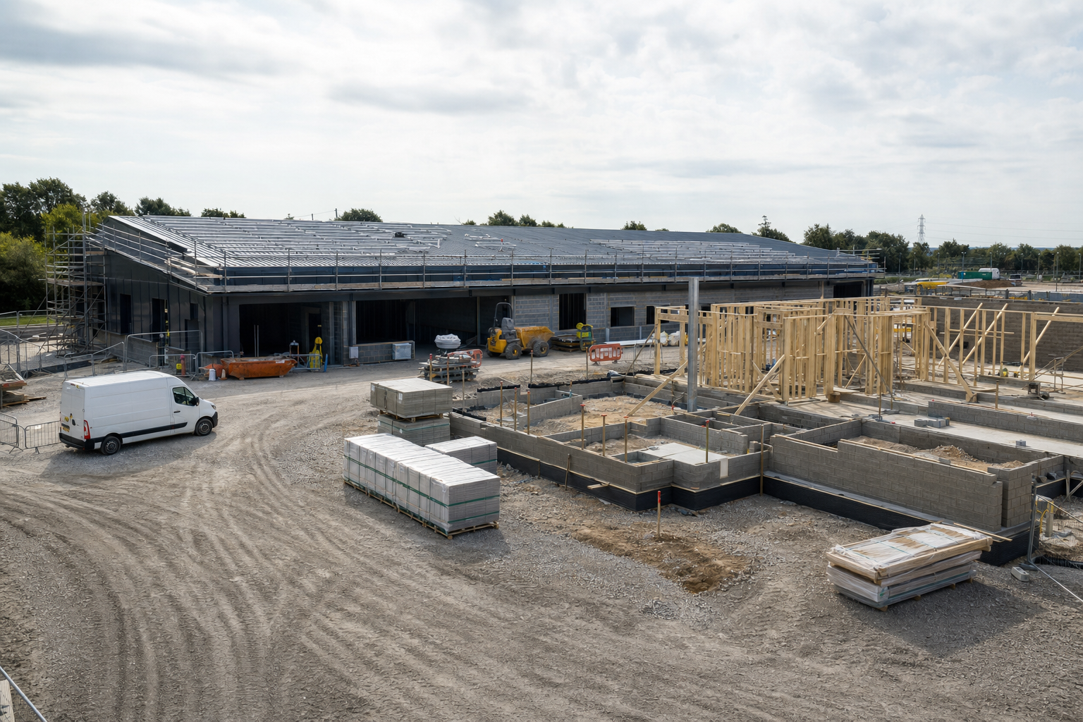 Construction site with partially built structures, scaffolding, and construction materials under a cloudy sky.