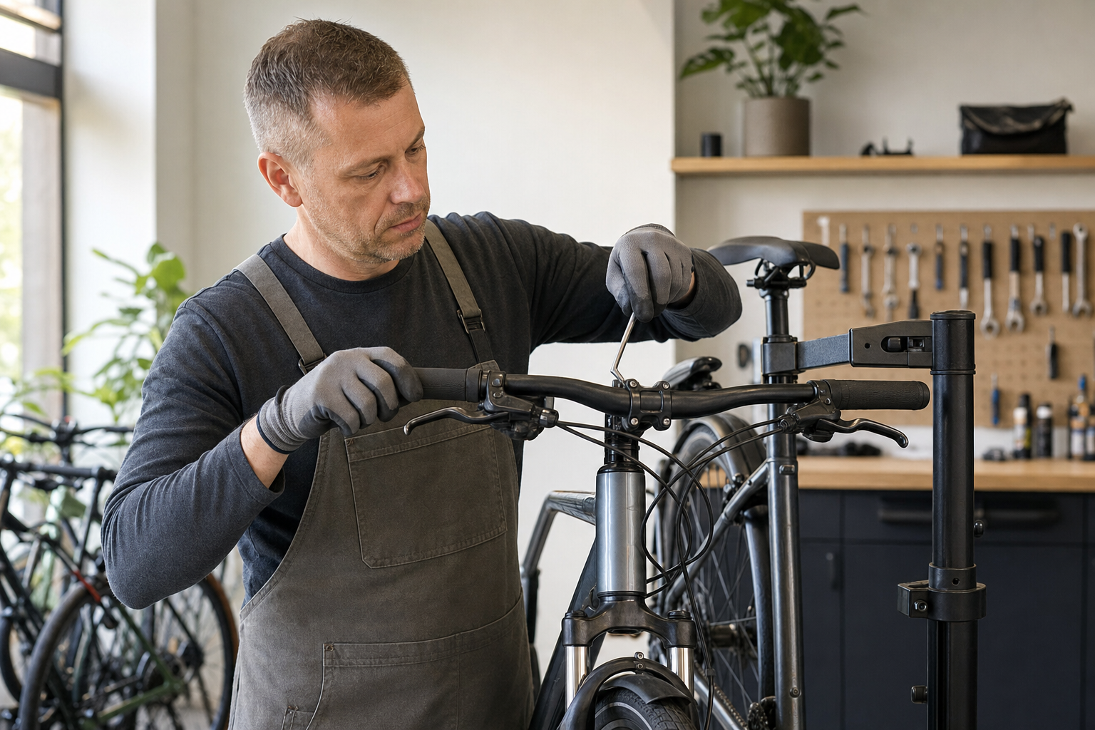 Mechanic adjusting bicycle handlebars in a workshop with tools and plants in the background.