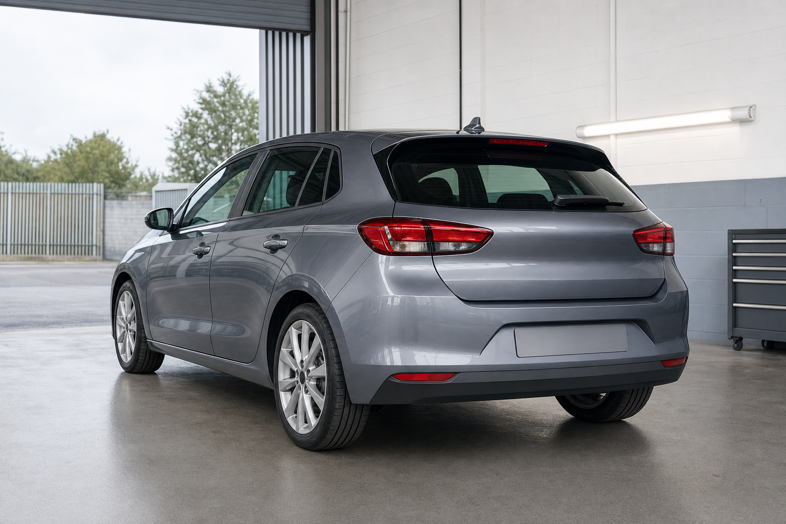 A grey hatchback car parked inside a garage with an open shutter and visible tool cabinet.