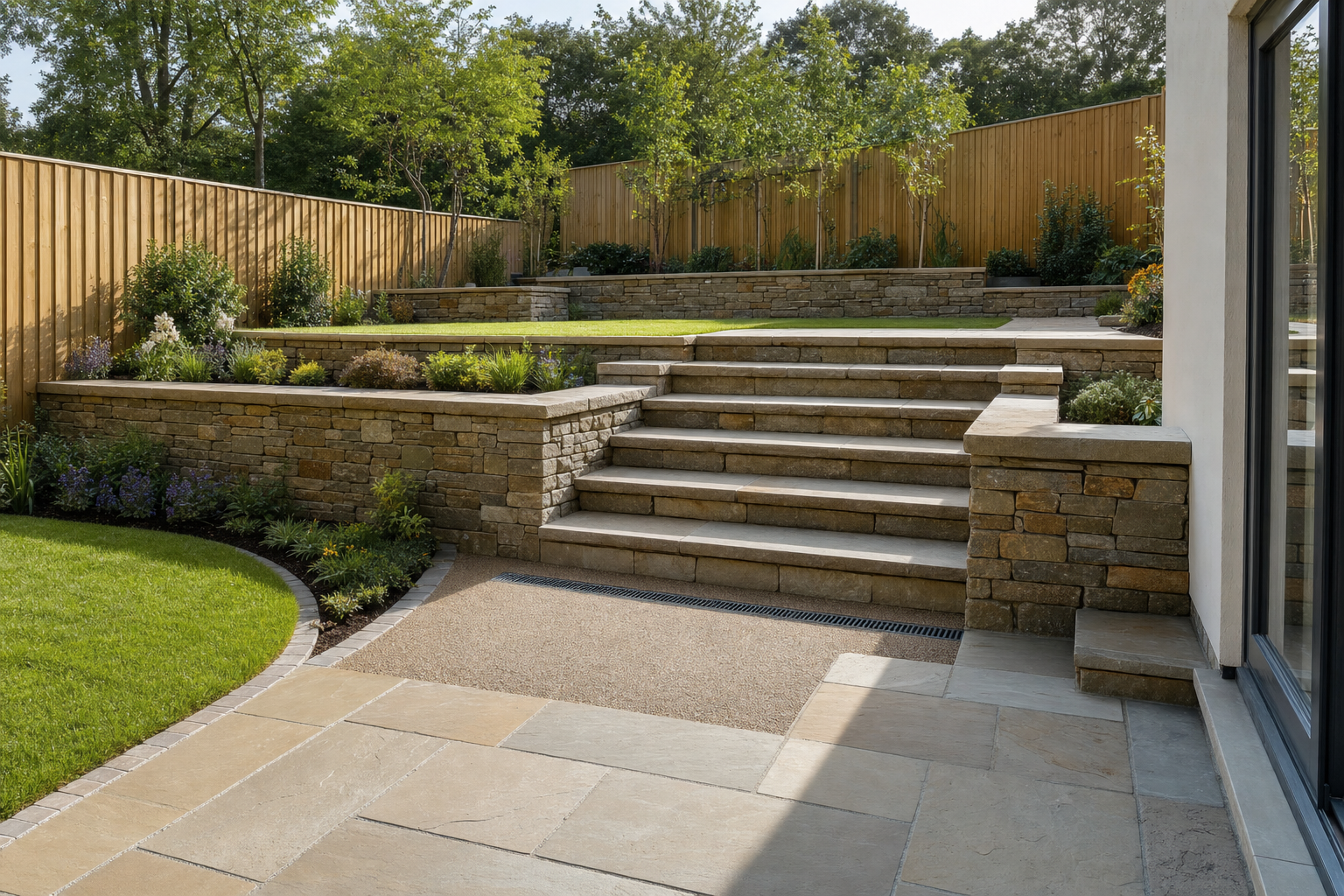 Tiered garden with stone retaining walls and steps, featuring lush greenery and wooden fences under a clear sky.