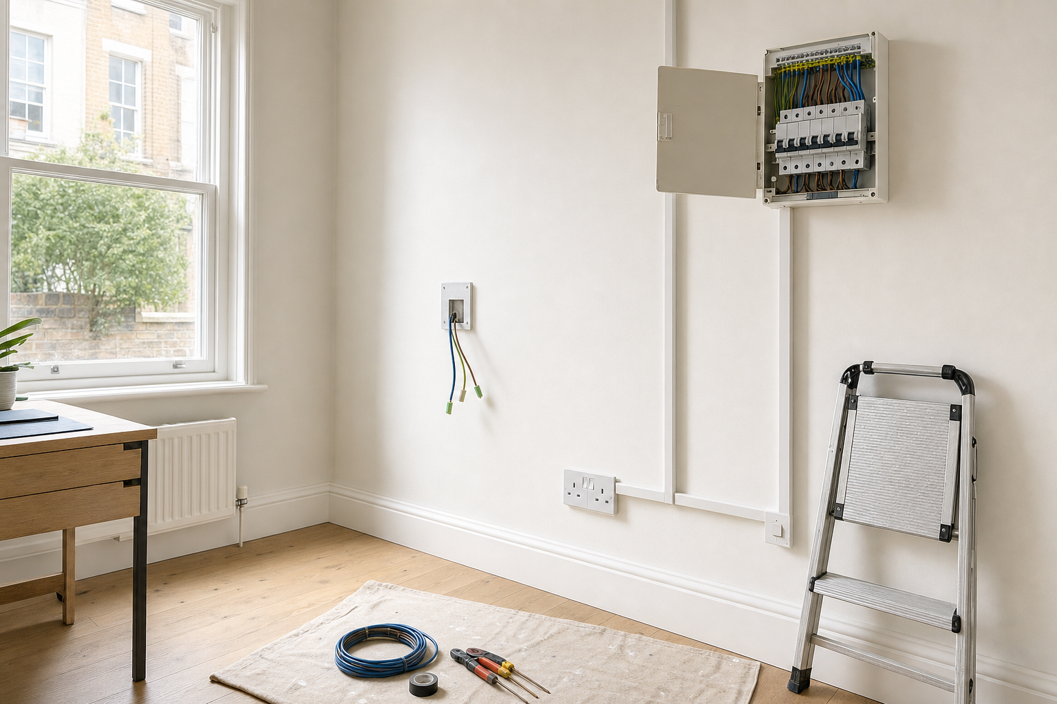 An open electrical panel with wires exposed in a bright room, next to a step ladder and tools on a mat.