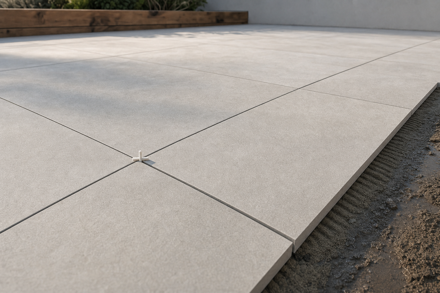 Close-up of grey tiles being installed outdoors with spacers on a sand base.