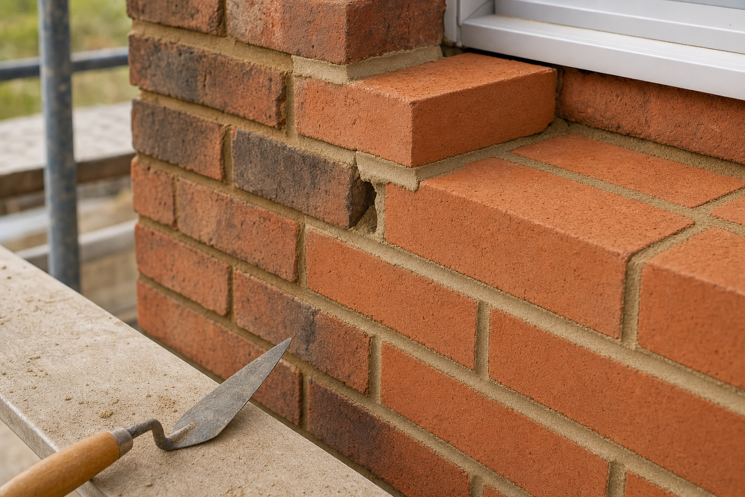 A trowel rests on a building ledge beside a freshly laid brick wall with mortar seams.