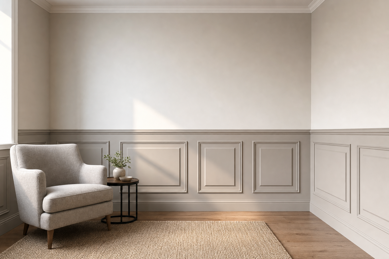 A cosy armchair sits beside a small table with a potted plant in a softly lit room with panelled walls.