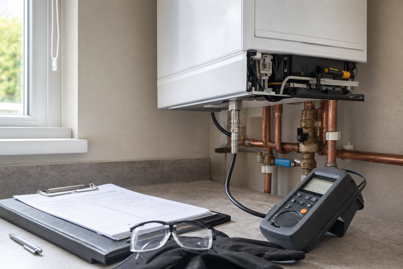A boiler with exposed copper pipes on a worktop alongside a clipboard, glasses, pen, and digital analyser.