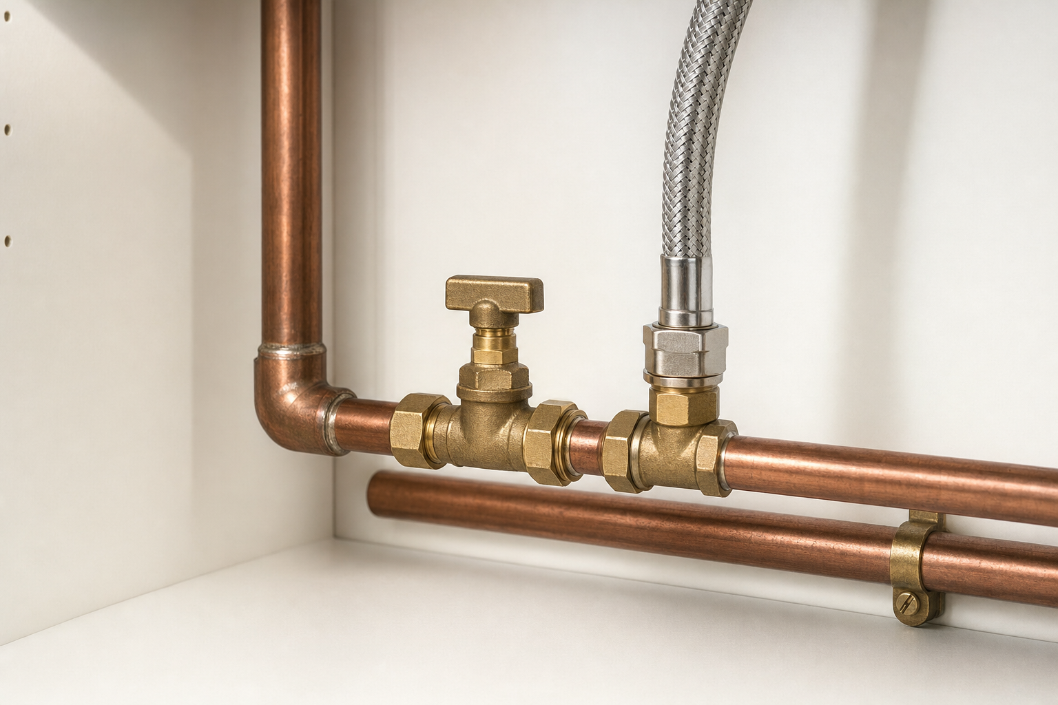 Copper pipes and a braided hose connected to a brass valve under a sink.