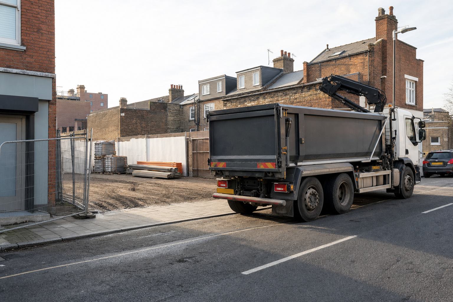 A lorry parked near a fenced construction site with building materials stacked inside.