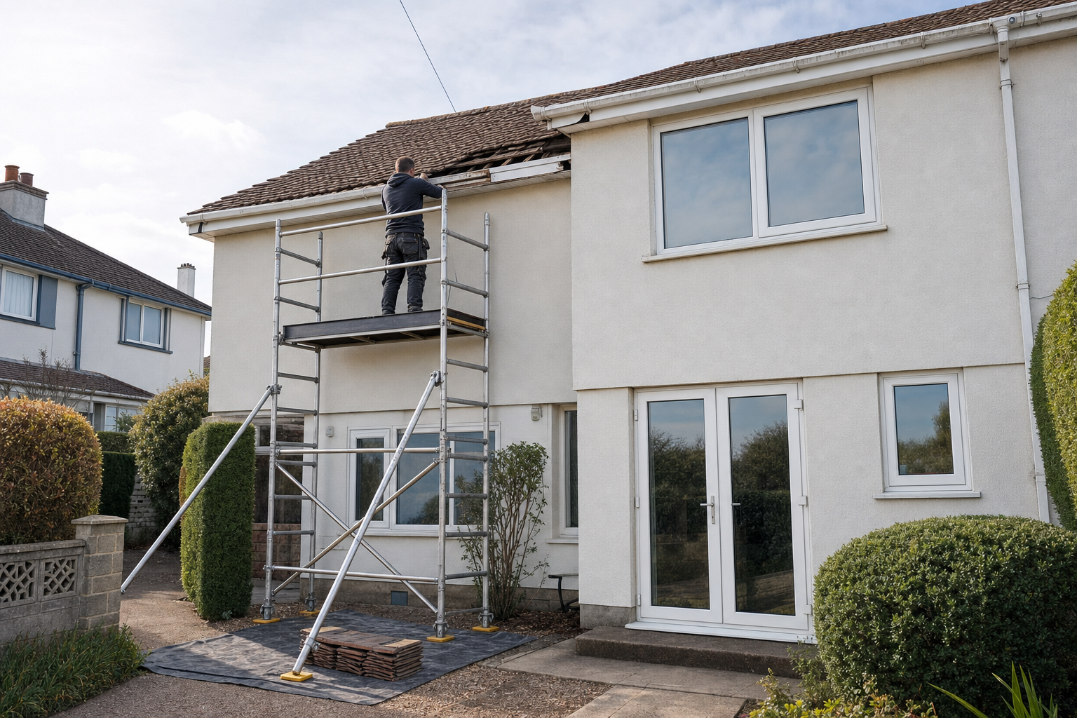 A worker stands on scaffolding repairing the roof of a white two-storey house.