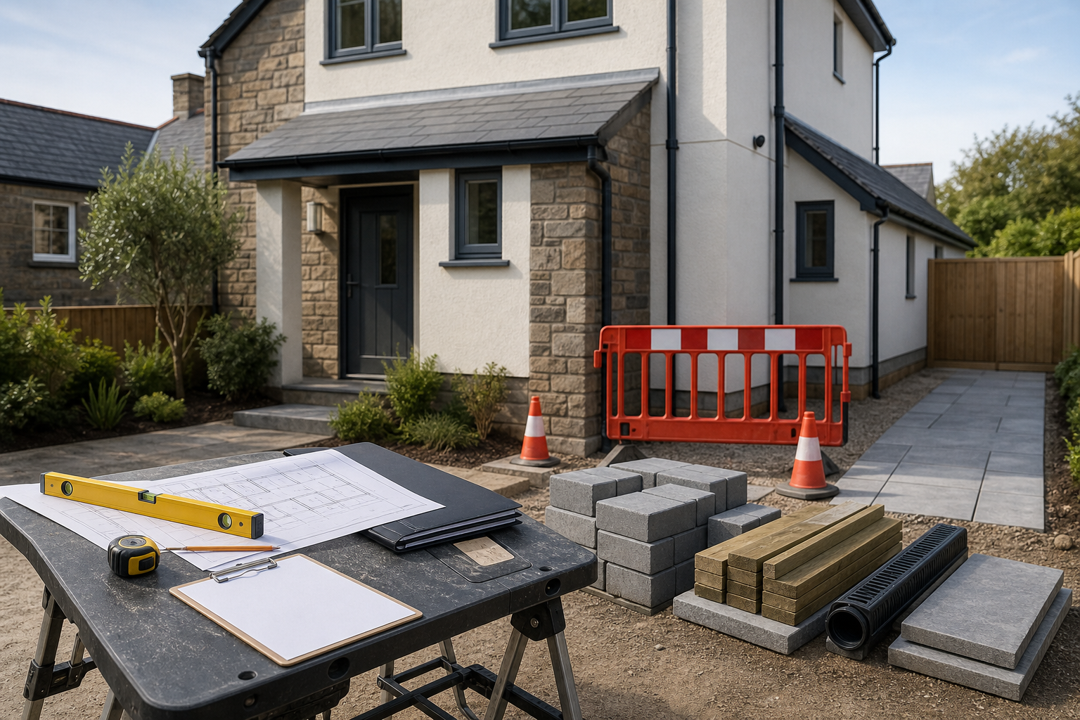 Construction materials and tools in front of a modern house under renovation.