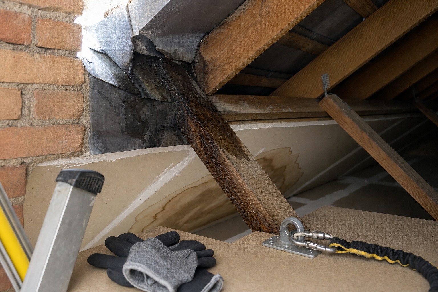 A loft with water damaged walls, a ladder, gloves, and a safety line attached to a metal anchor point.