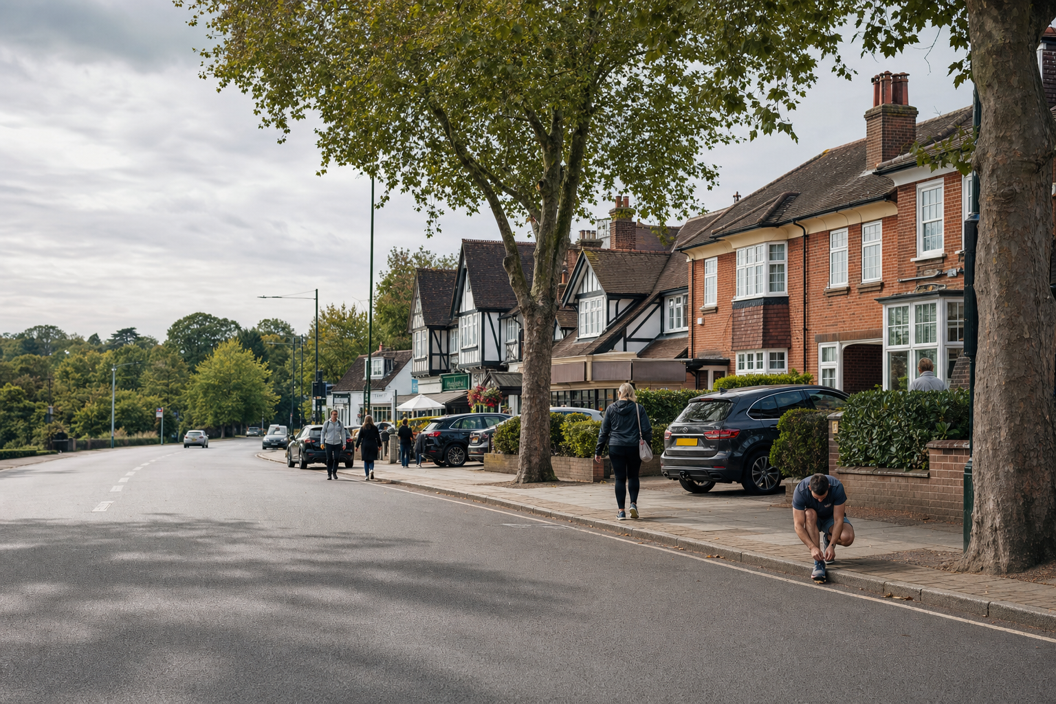 A man ties his shoe on a quiet suburban street lined with trees and houses, while people walk along the pavement.