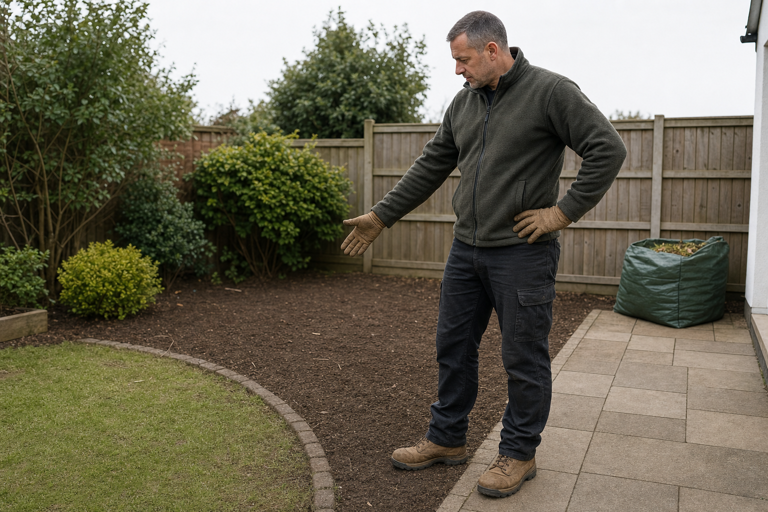 A man in a garden points to a freshly prepared flowerbed surrounded by grass and shrubs.