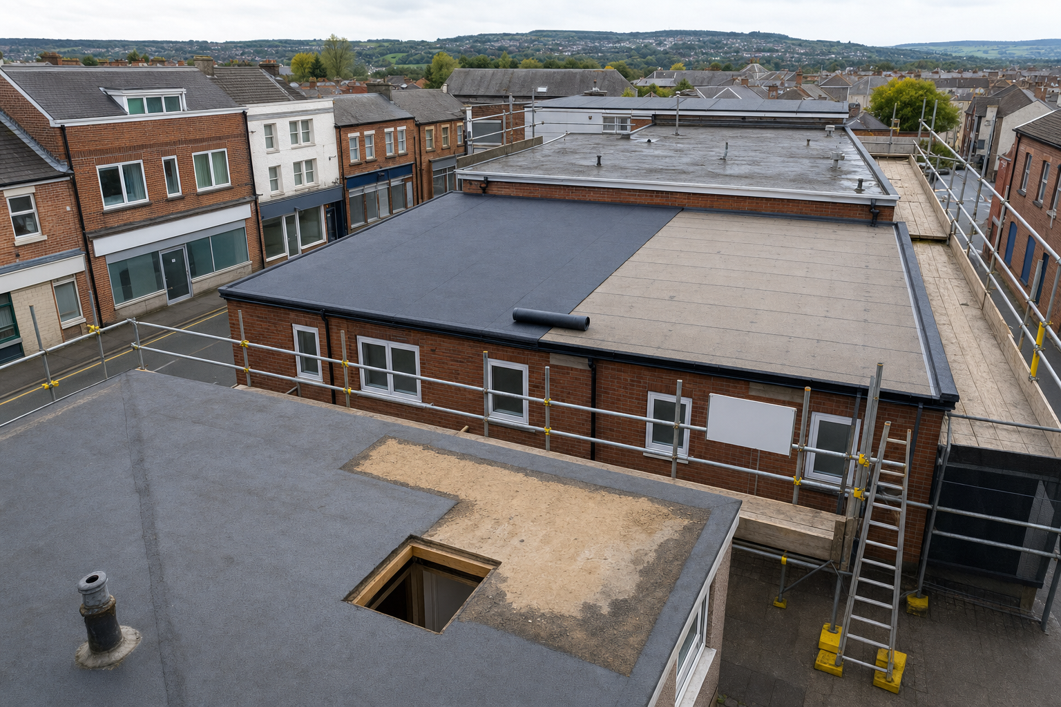 Flat rooftops of red brick buildings with scaffolding in a British town, featuring a repair section with an open hatch.