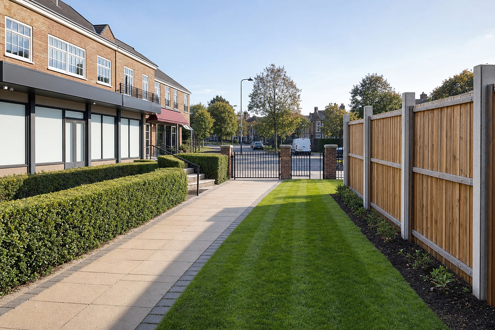 Pathway with green hedges leading to a black gate, adjacent to a brick building with large windows.