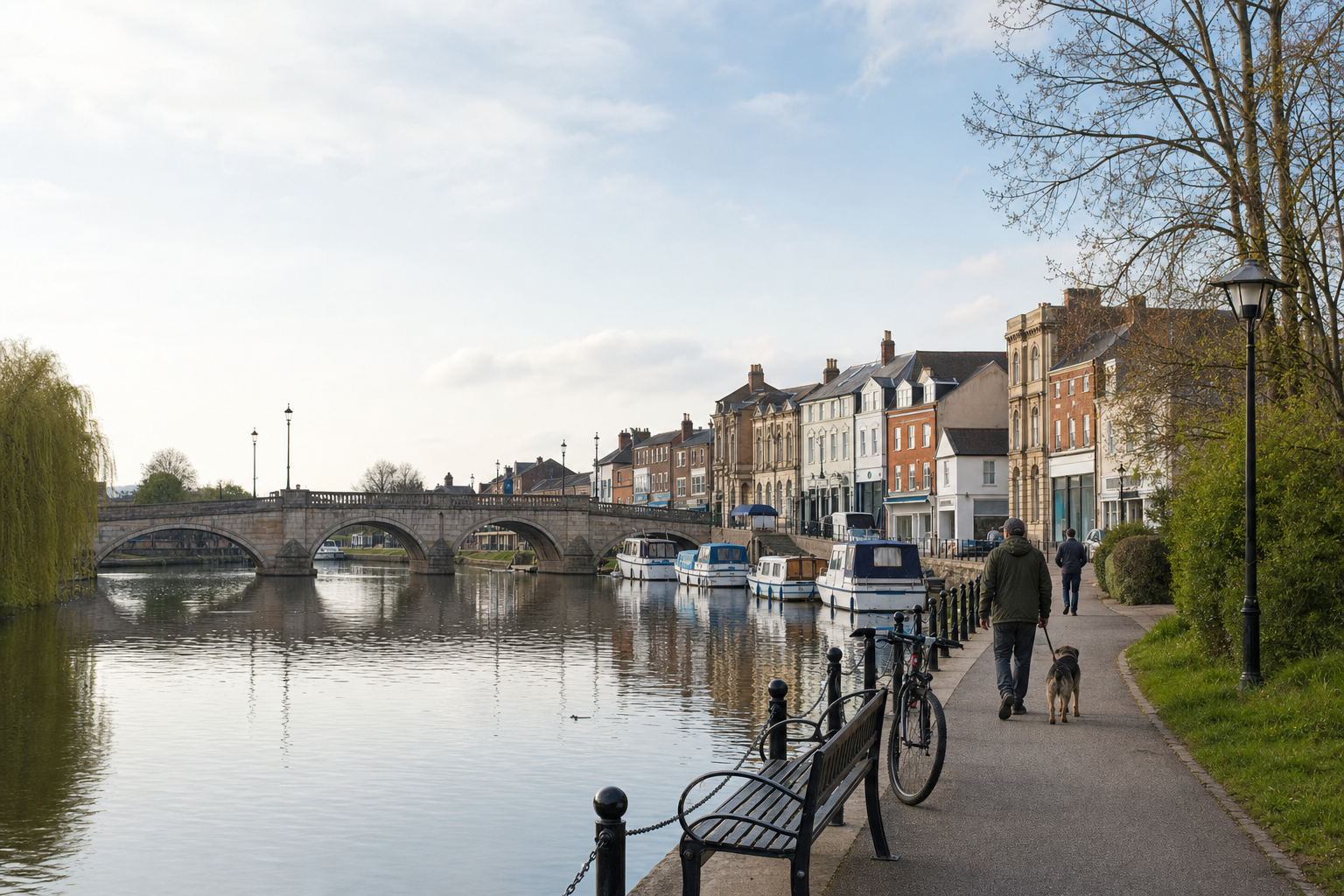 A man walks a dog along a riverside path next to boats and a historic bridge with shops and houses in the background.