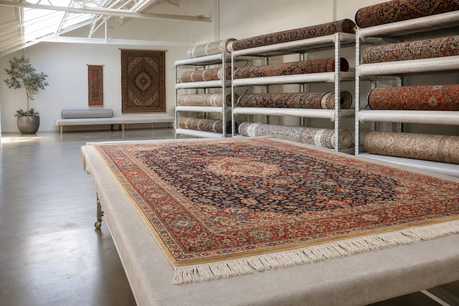 Large decorative rug displayed in a well-lit showroom with shelves of rolled rugs and potted plant accents.
