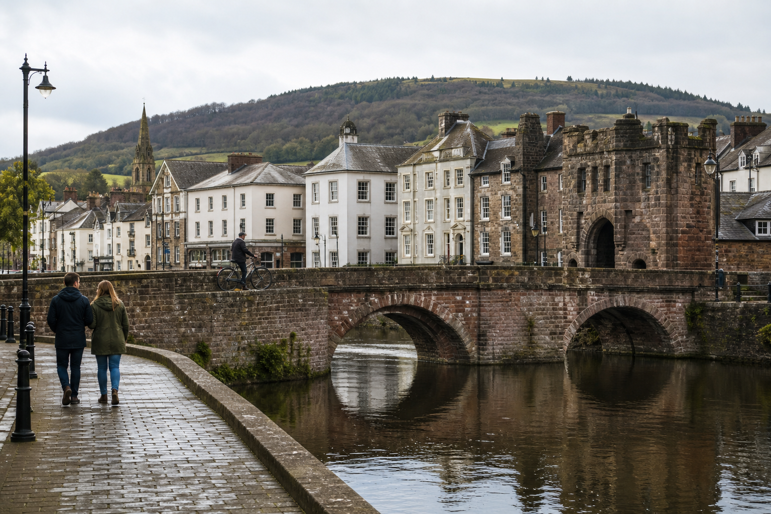 Couple walks along a riverside path beside an historic stone bridge with an arched gateway in a quaint village setting.