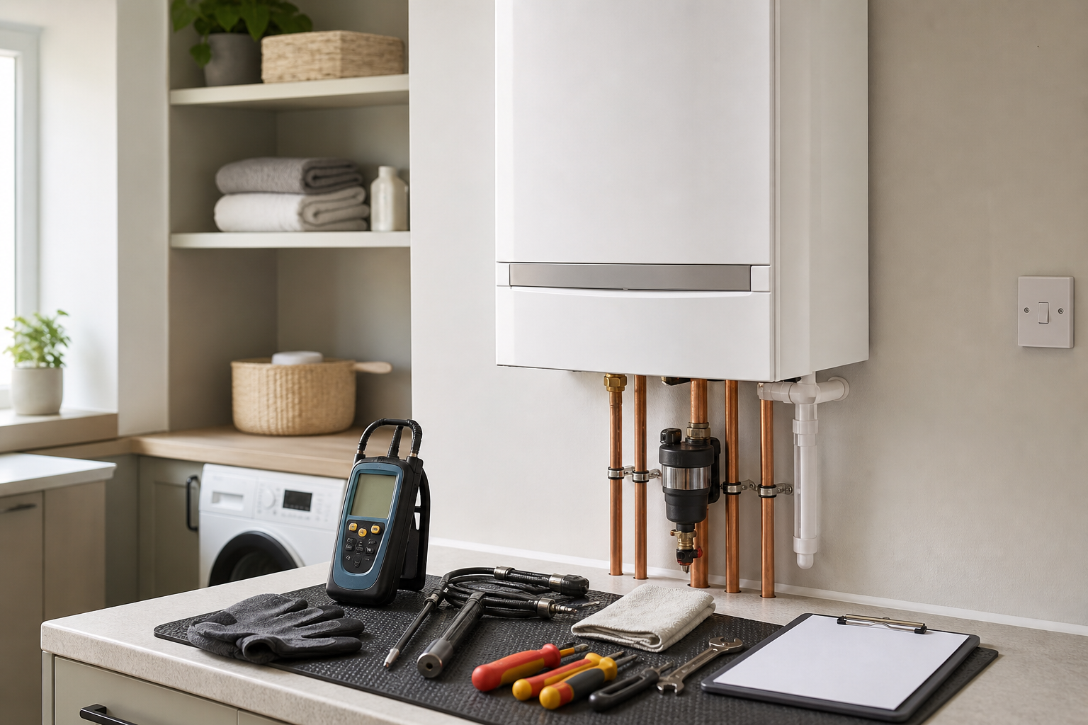 Modern boiler system with maintenance tools and a digital analyzer on a countertop.