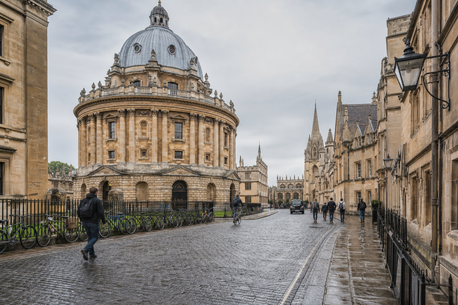 A cobblestone street in Oxford with the Radcliffe Camera and people walking and cycling.