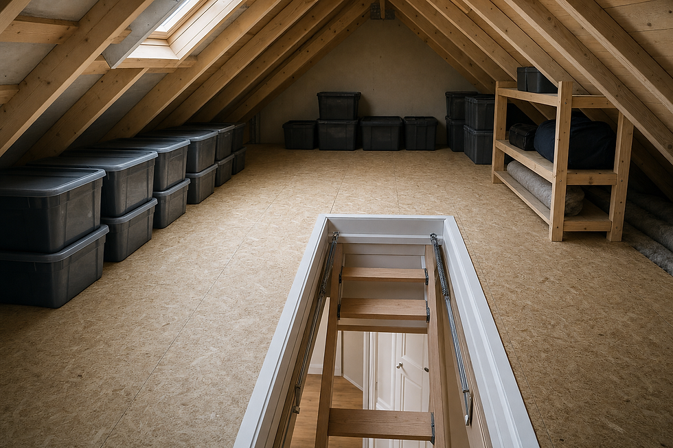 An organised attic with storage boxes, wooden shelving, and a skylight, featuring a folding ladder leading down.