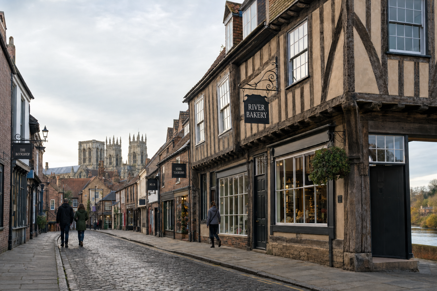 A cobbled street in York with historic buildings, a bakery, and a view of the cathedral in the background.