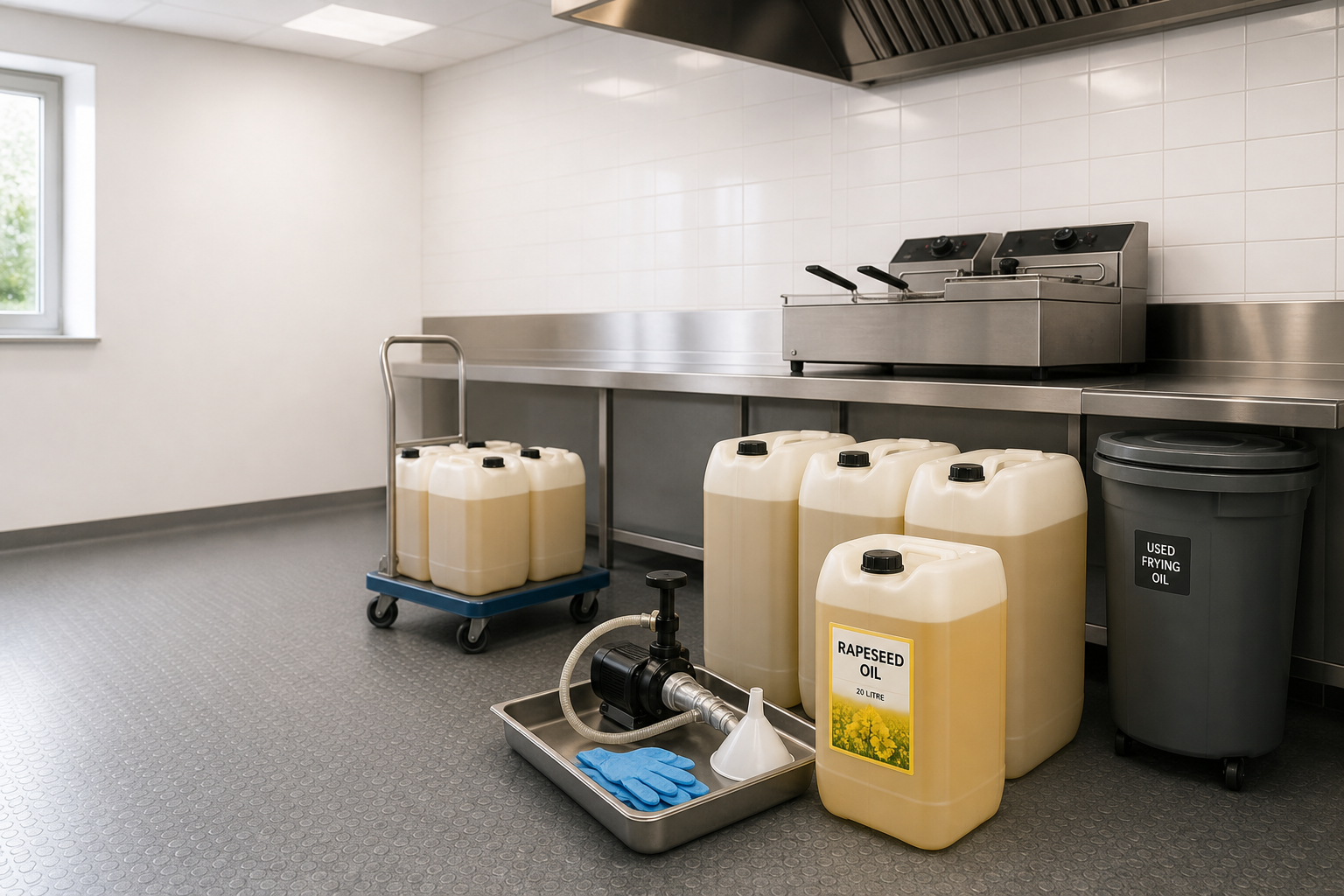 Commercial kitchen with rapeseed oil containers, a fryer, and a bin for used frying oil.