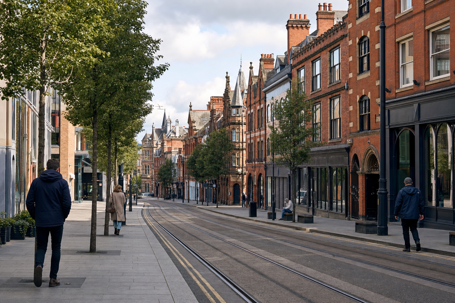A quiet street lined with red-brick buildings and tram tracks, with a few people walking under cloudy skies.