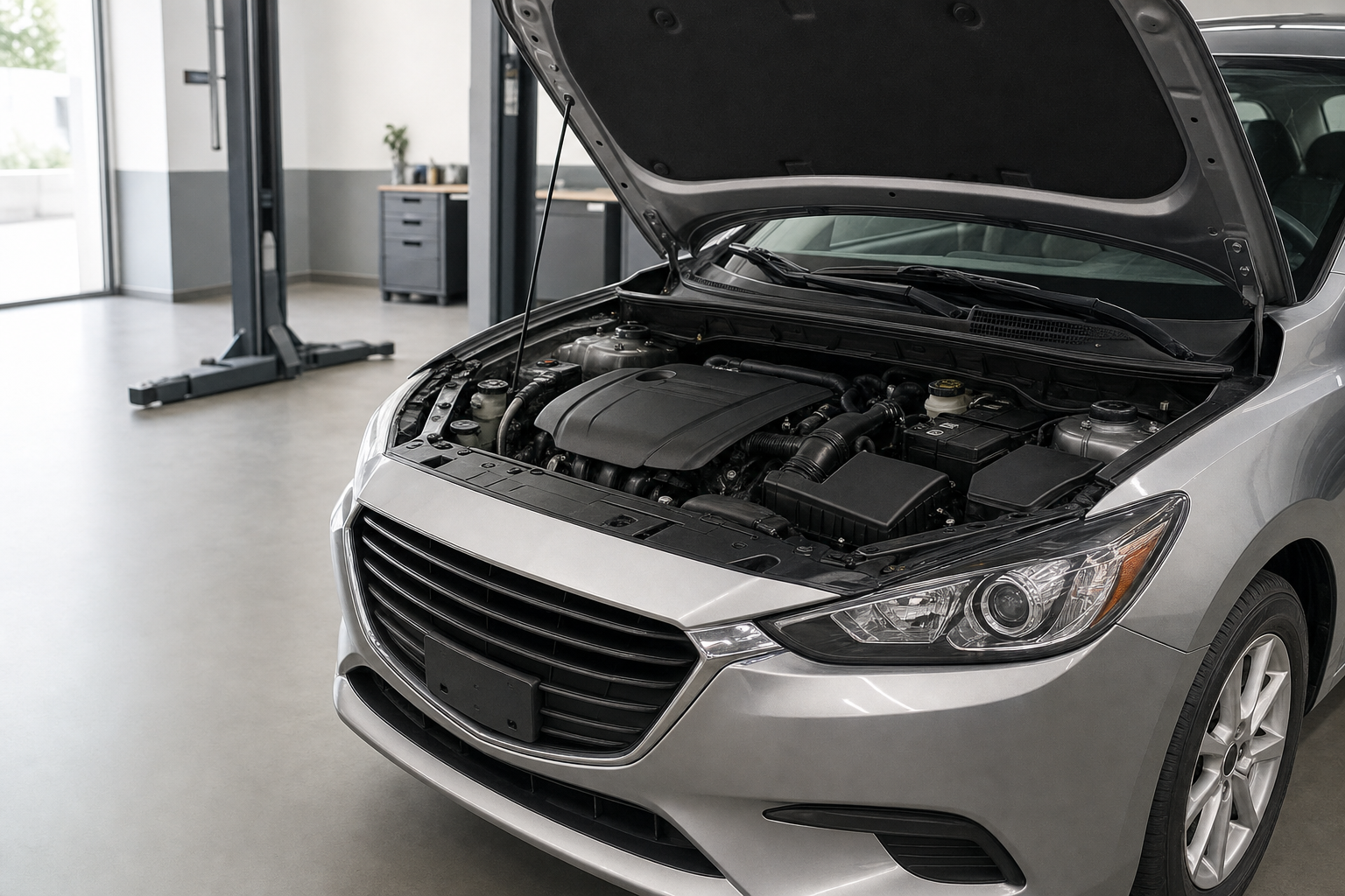 Silver car with the bonnet open in a garage, revealing the engine.