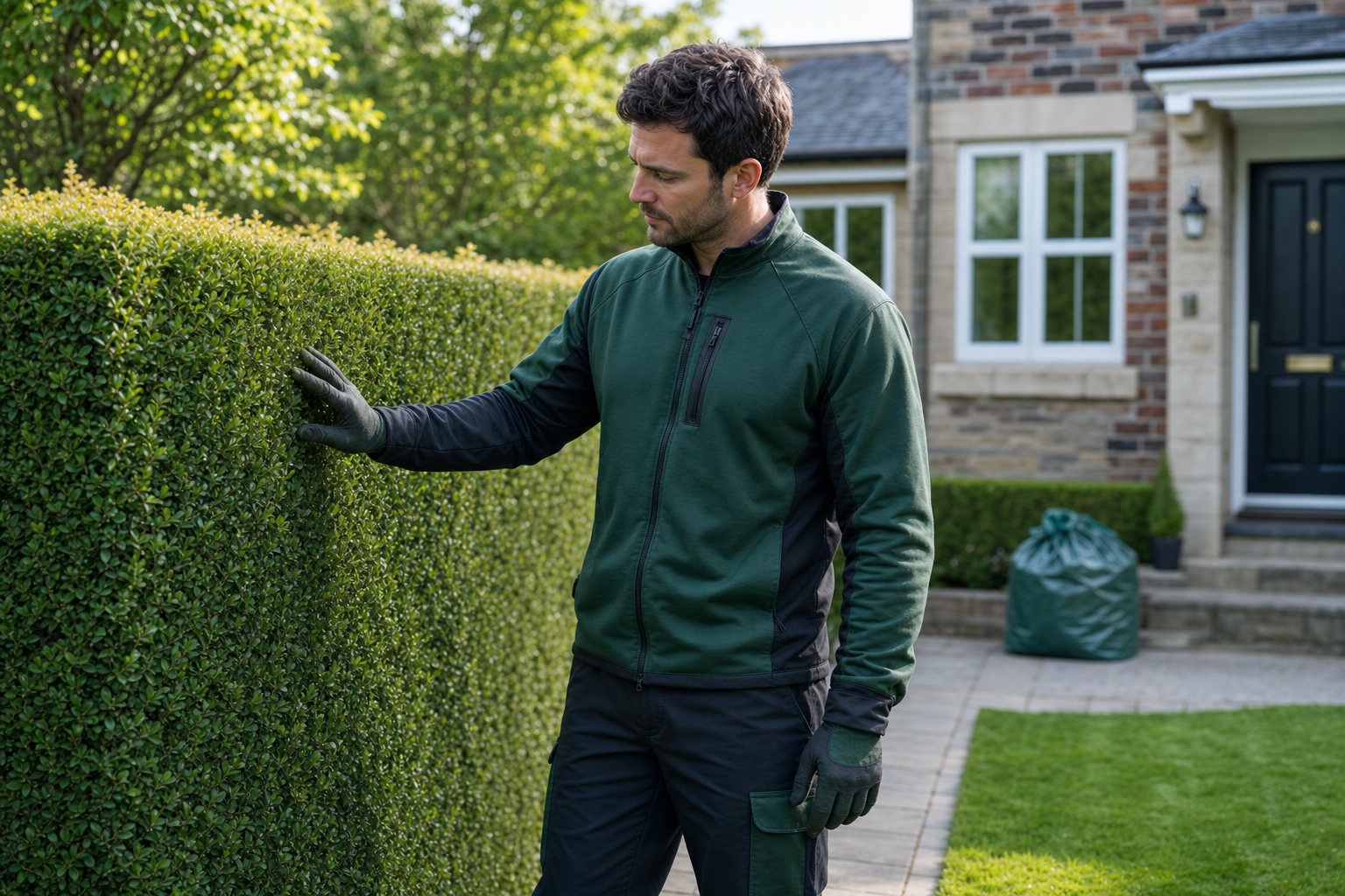 A man in gardening attire inspects a neatly trimmed hedge in front of a brick house.