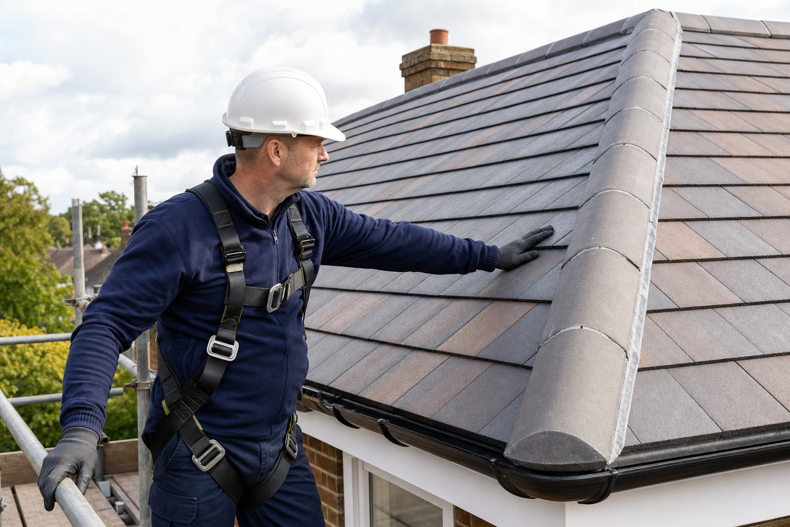 A construction worker in safety gear inspects a newly tiled roof under a cloudy sky.