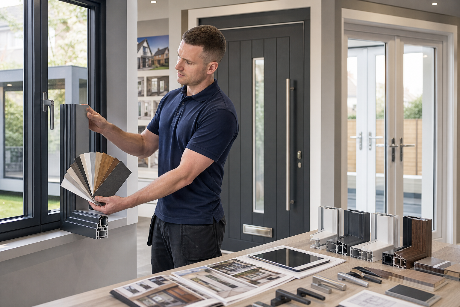 Man holding color swatches and window frame sample in a showroom with various building materials on display.