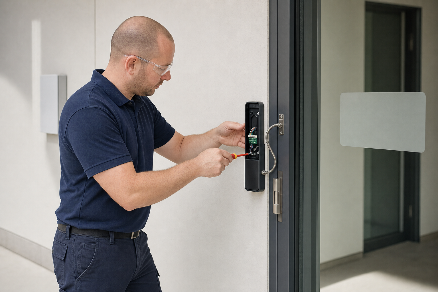 A man in safety glasses installs or repairs an electronic lock on a glass door.