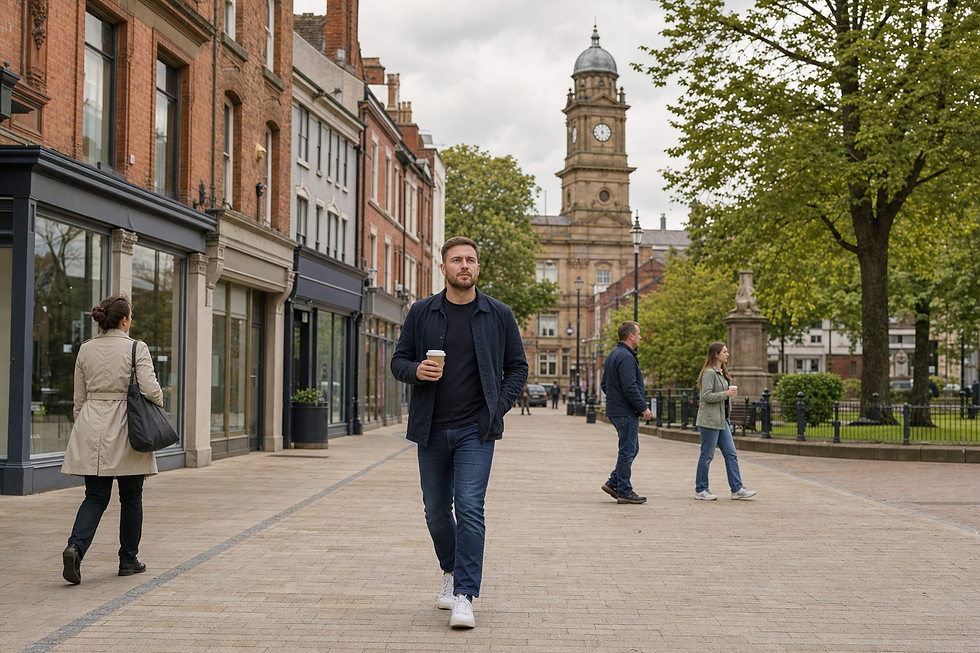 A man walks down a street holding a coffee cup, surrounded by historic buildings and trees.