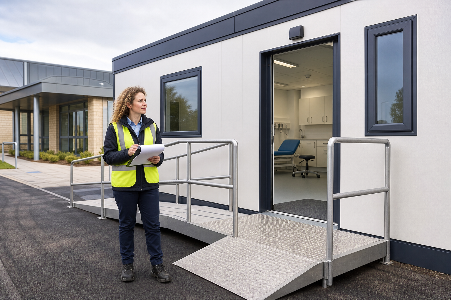 A person in a high-visibility vest stands outside a modular building with a clipboard.