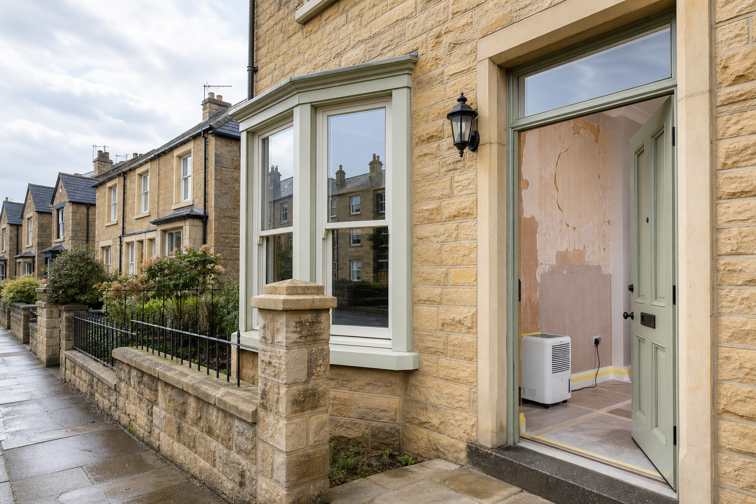 Terraced stone houses with a partially open door revealing renovation work inside.