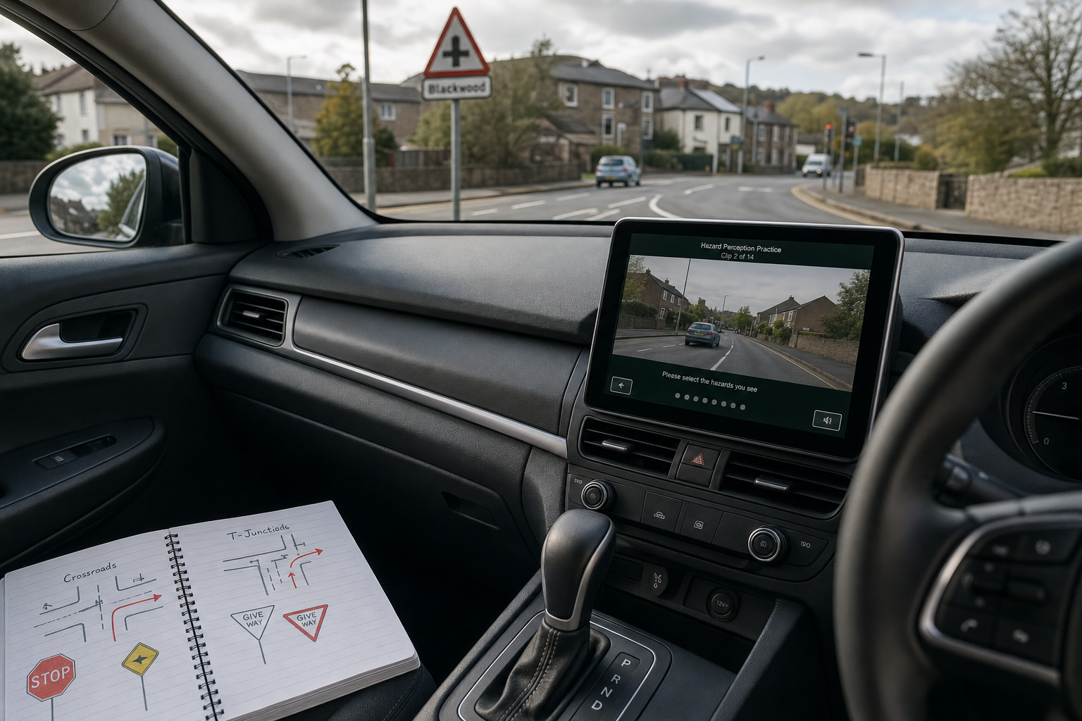 Car interior showing a hazard perception screen and a notebook with crossroads diagrams, parked near a junction.