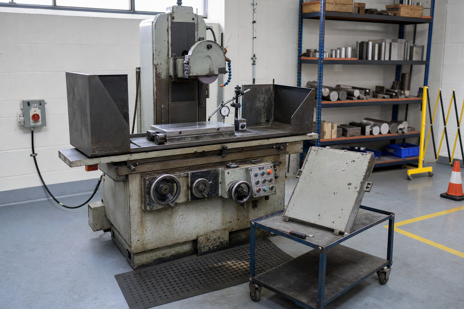 Industrial grinder machine in a workshop with shelves of metal parts and a safety cone in the background.