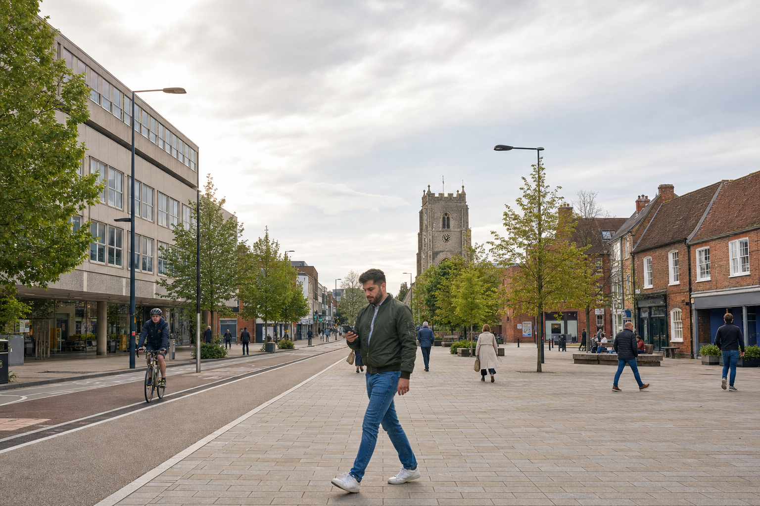 Pedestrian checks phone while walking on a bustling street lined with trees and historic buildings under a cloudy sky.