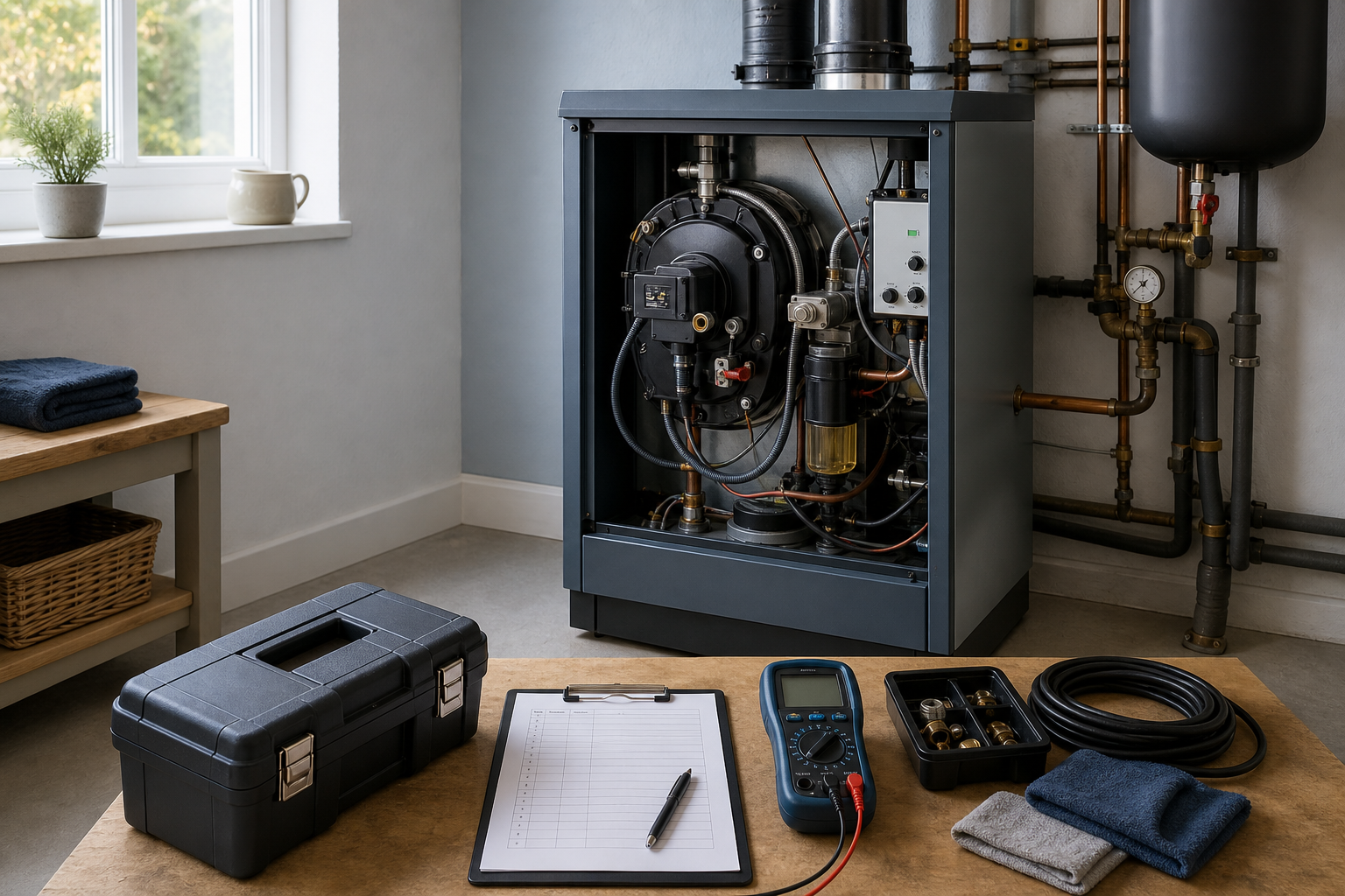 Industrial equipment setup with tools, a clipboard, and a multimeter on a workbench.