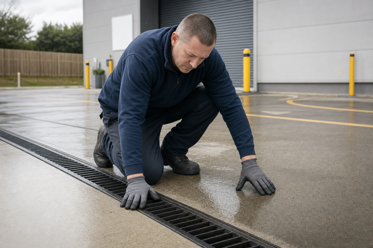 Man in workwear inspecting a drainage grate on a wet industrial site.