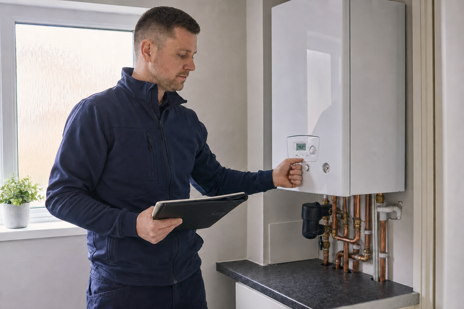 Engineer adjusts the settings on a boiler while holding a tablet.