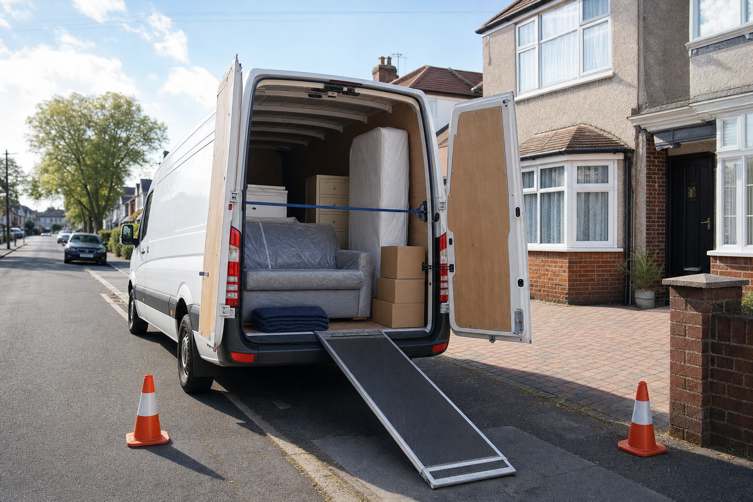 A removal van with its back doors open is parked on a residential street, loaded with furniture and boxes.