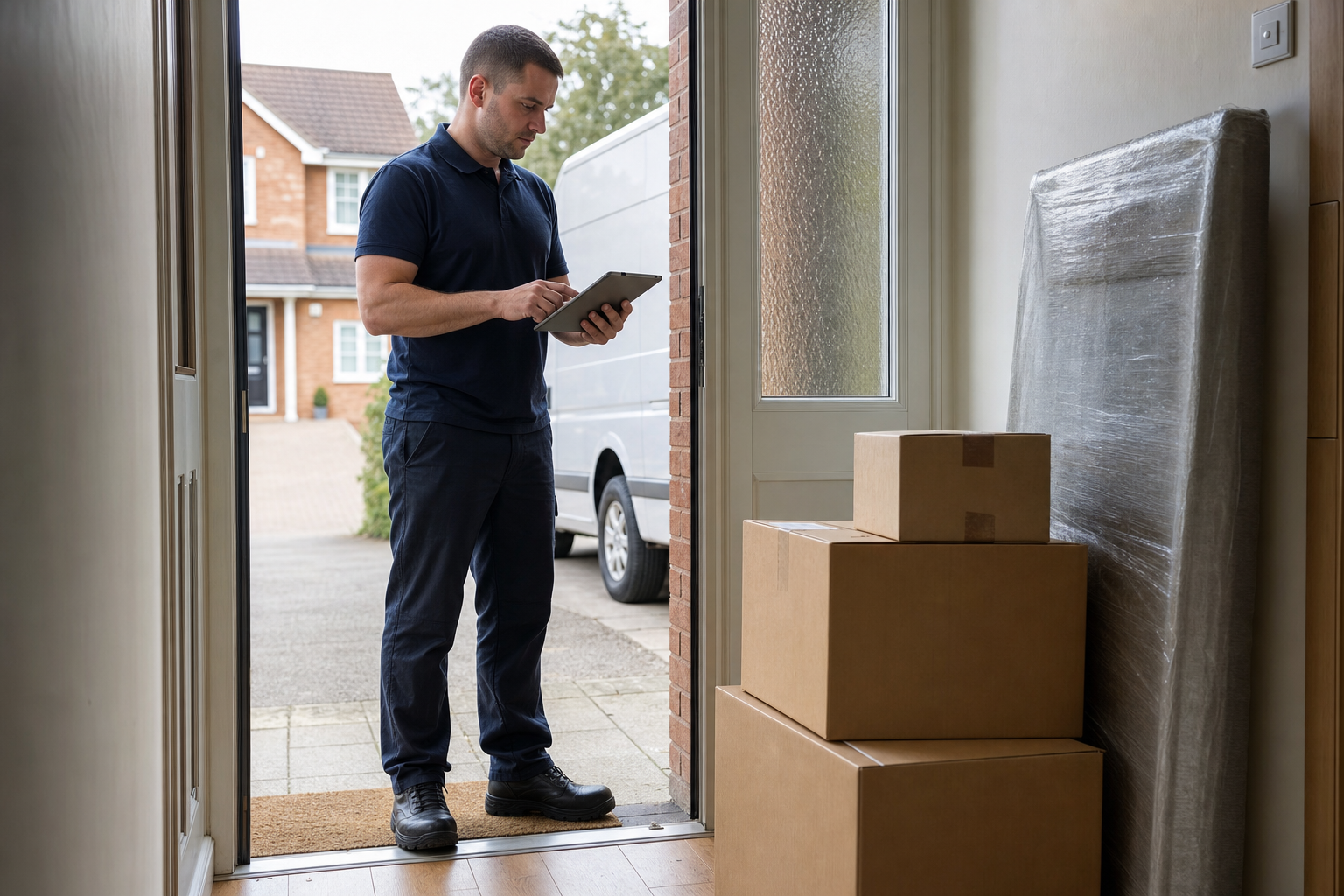 Delivery man using a tablet to confirm package delivery at a residential doorstep.