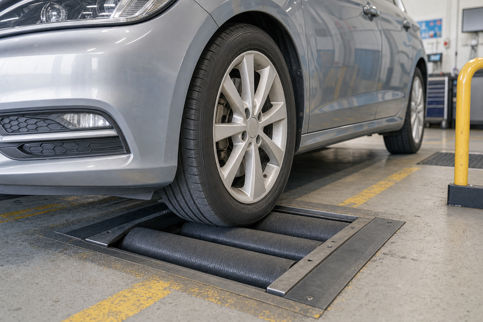 Silver car undergoing a brake test on rollers in a garage setting.