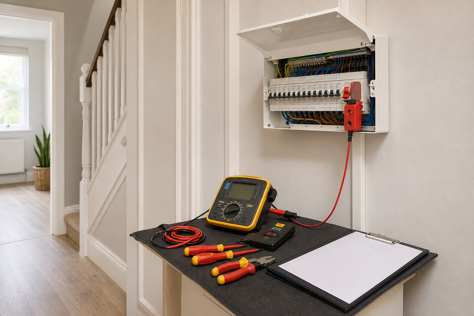 Electrical panel with tools and a multimeter on a table in a hallway.