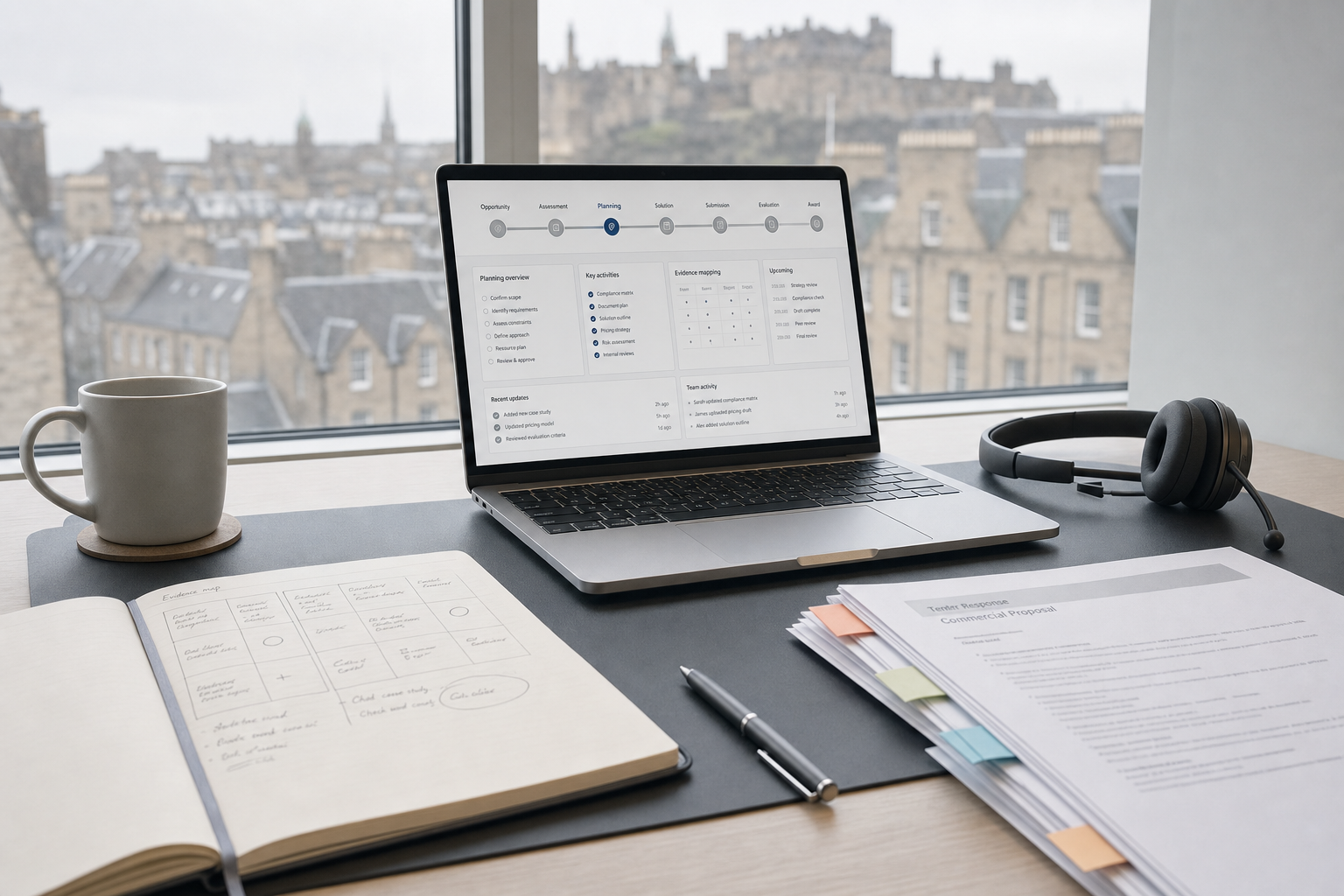 A laptop displaying a planning overview sits on a desk with documents, a notebook, headphones, and a mug, overlooking a cityscape.