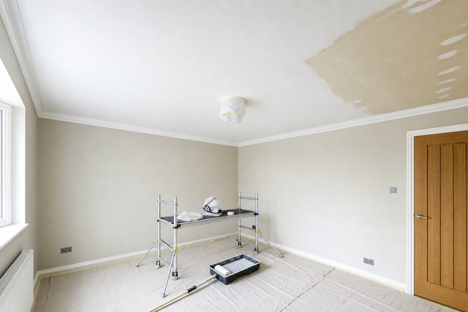 Room undergoing ceiling painting with scaffold, paint tray, and safety helmet.