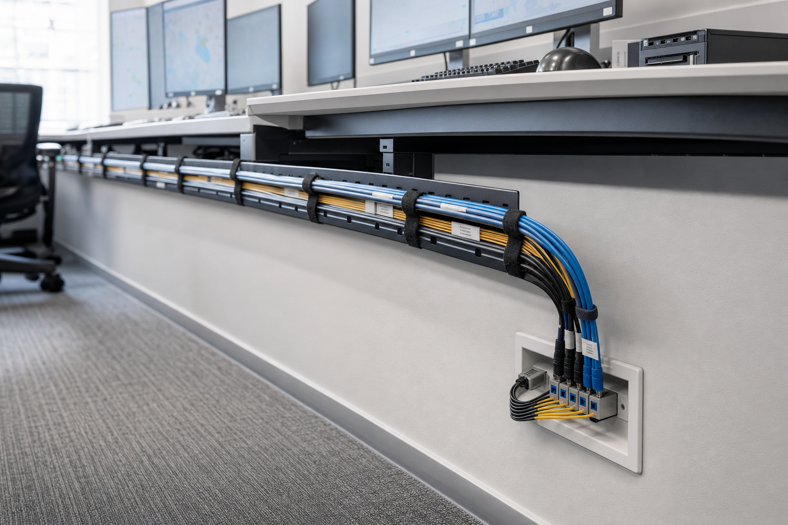 A row of computer monitors in an office with neatly organised blue and yellow network cables running along the wall.