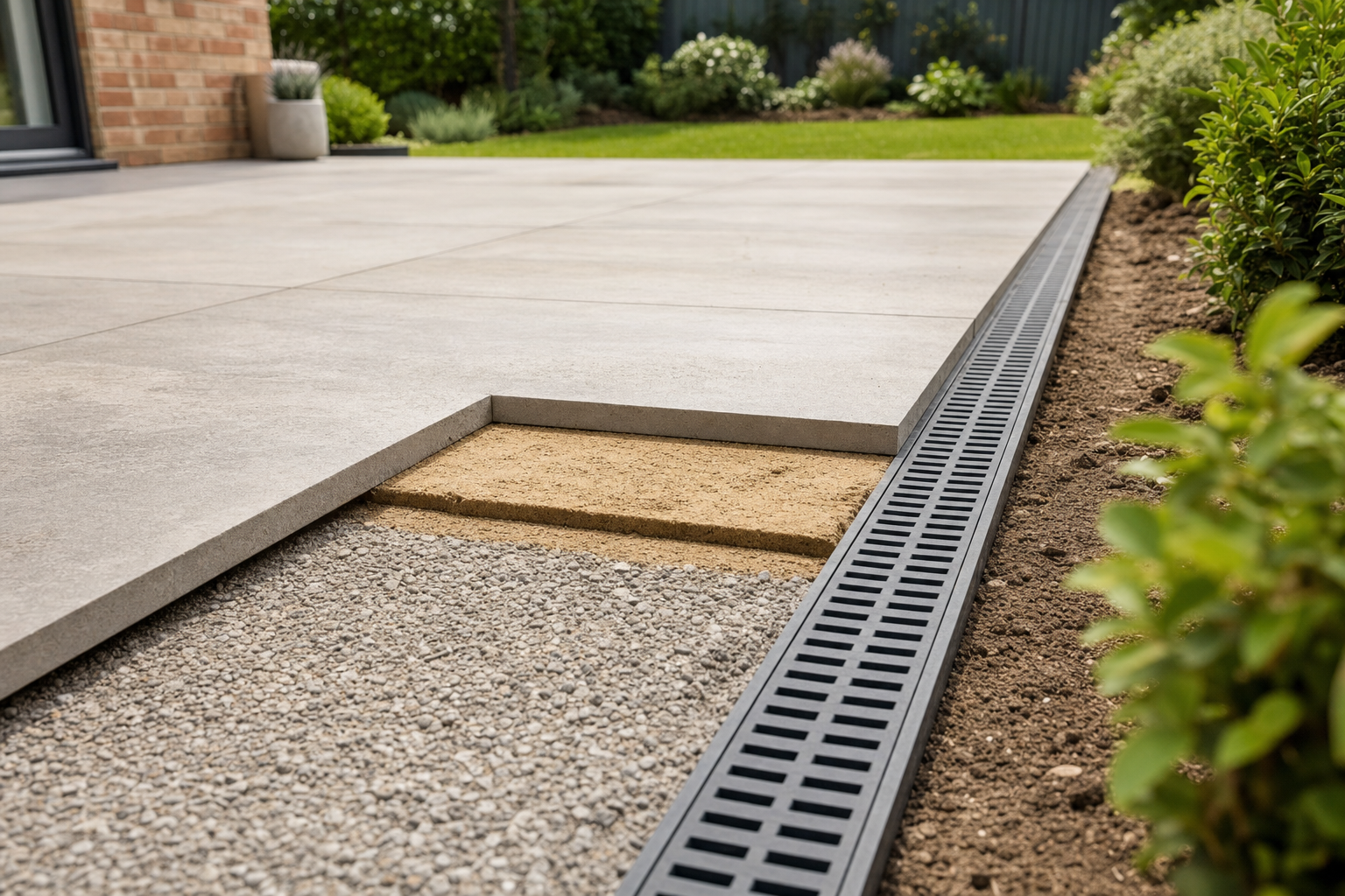 A neatly cut cross-section of a patio showing paving, sand, gravel layers, and drainage beside a garden.