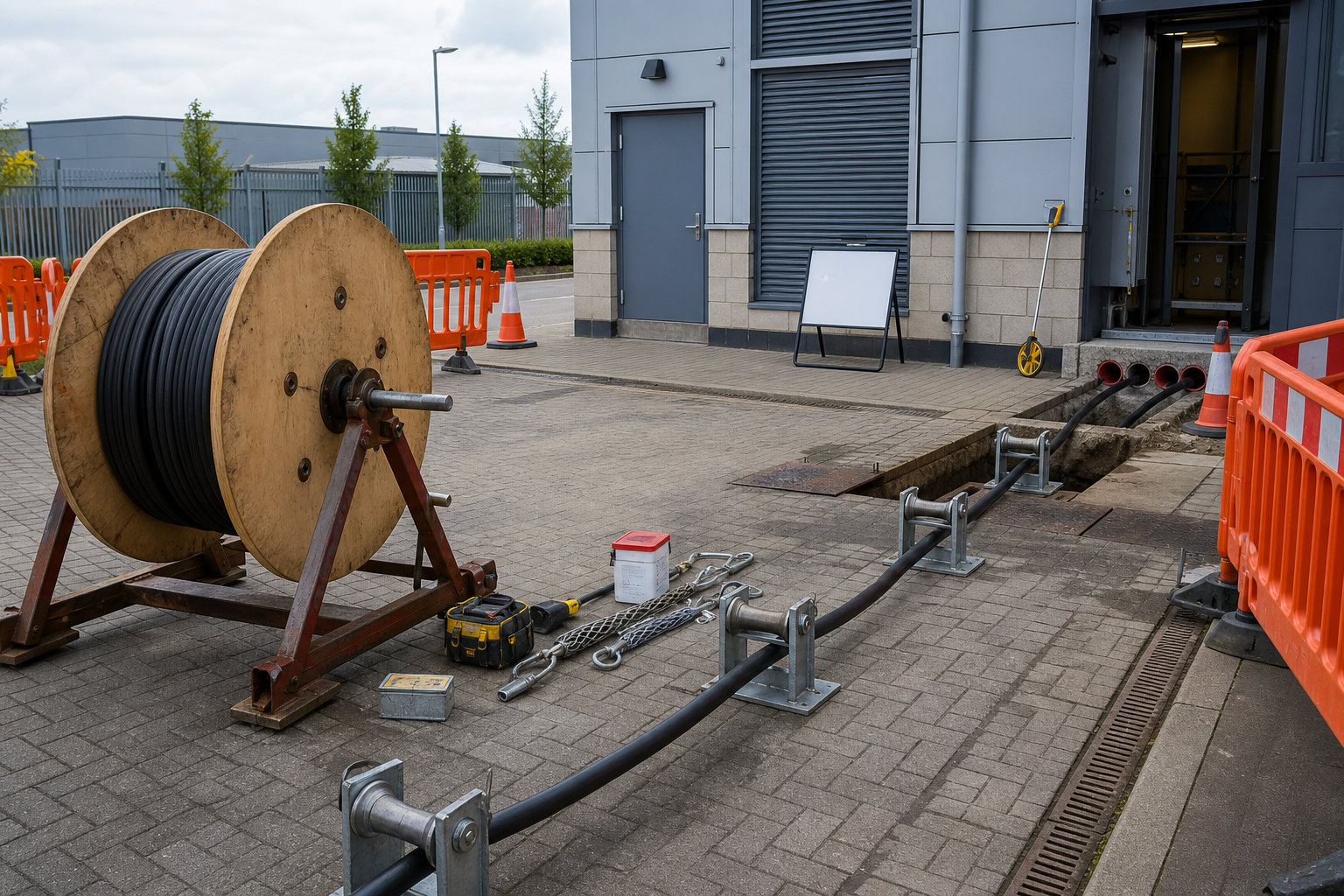 Large cable reel and equipment set up next to a trench outside a building.